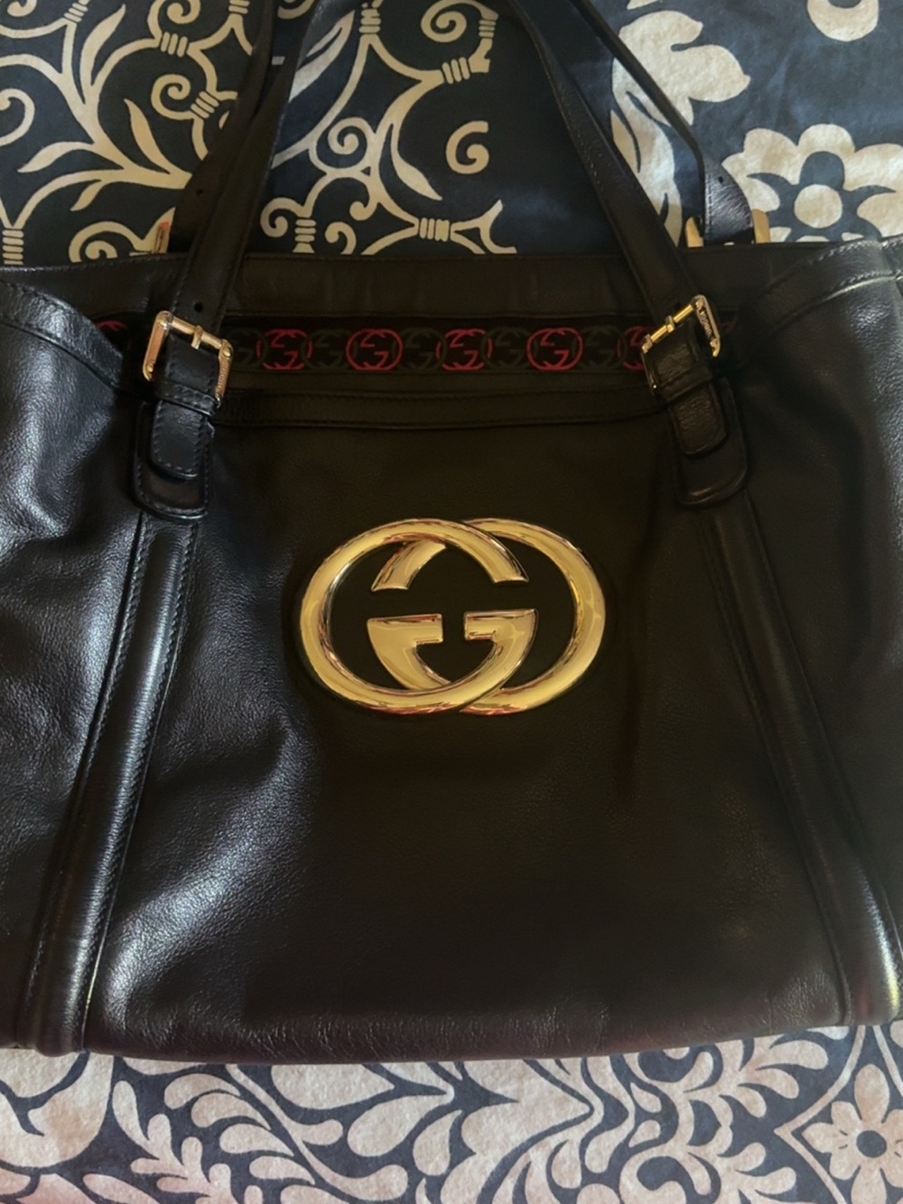 Gucci Black Leather Tote with Gold Double G Logo